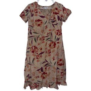 Amy’s Closet Womens Linen Blend Dress Sz 8 Brown Red Floral Ruffle Hem